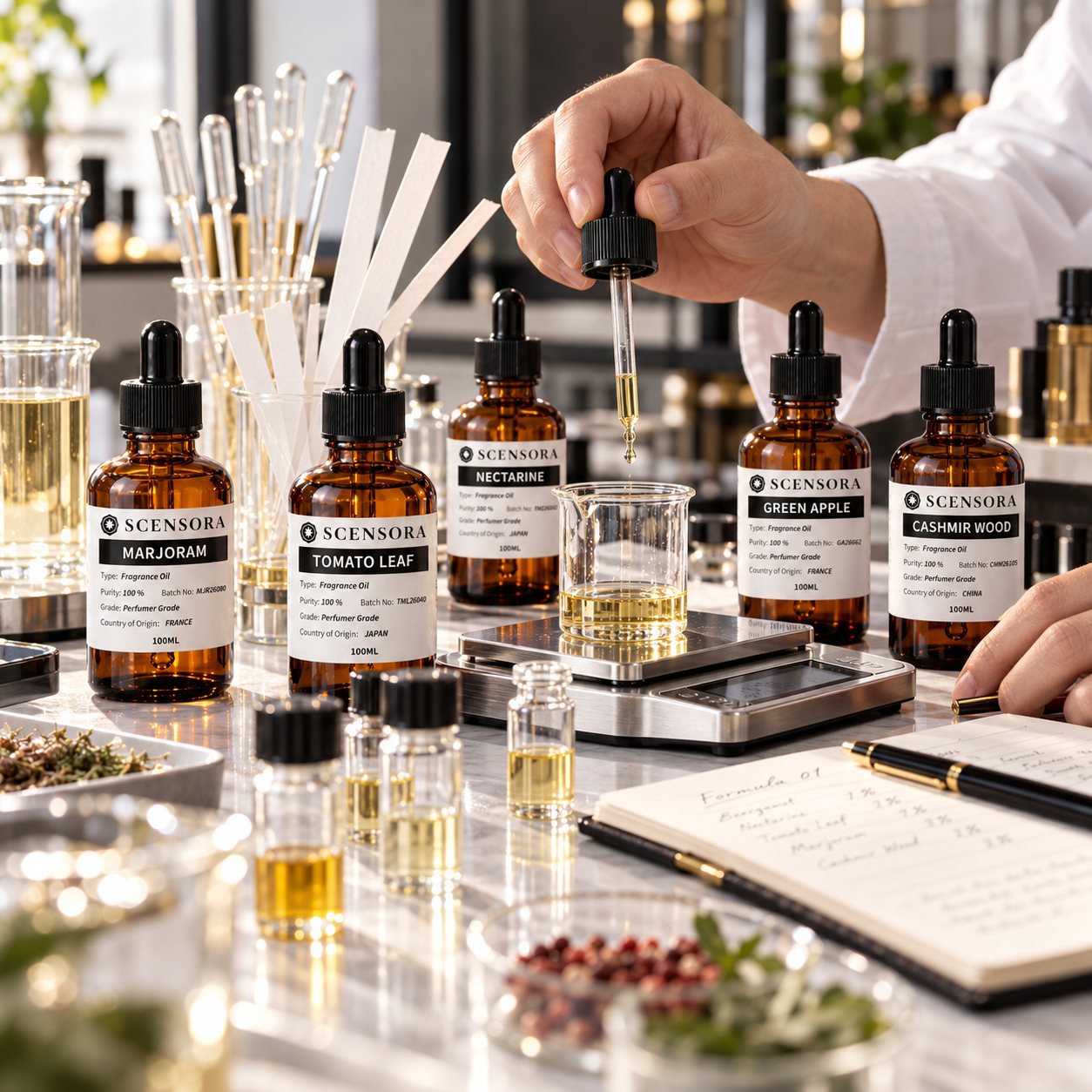 Scensora perfumer building a custom perfume oil formula in the lab, weighing fragrance materials on a precision scale