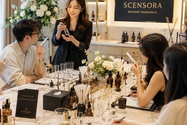 Guests blending their own perfume at a Scensora fragrance workshop