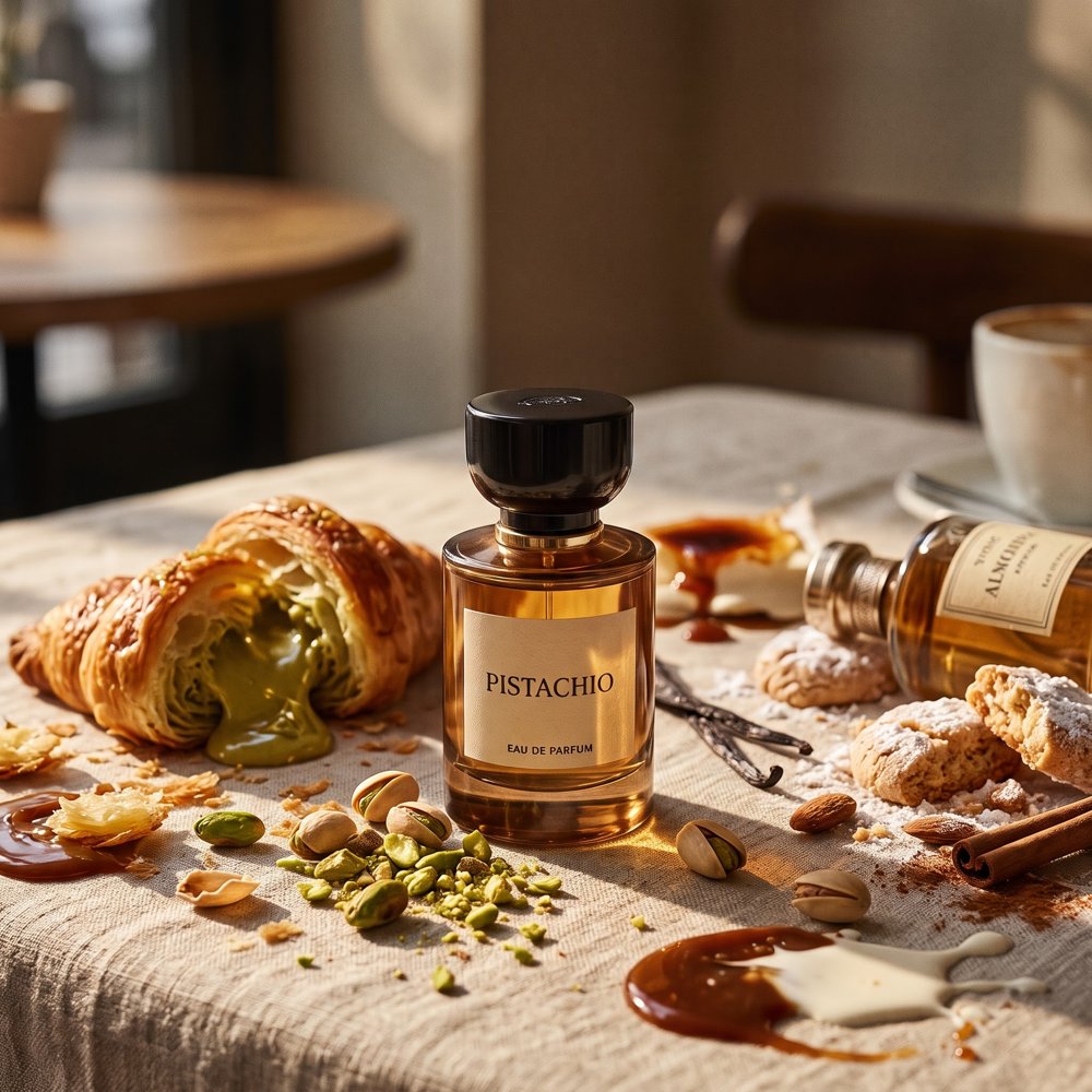 Pistachio perfume trend: green pistachio gourmand fragrance with roasted nuts and cream