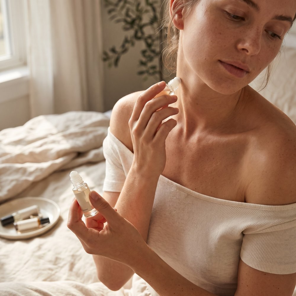 Skin scent perfume trend: soft musk fragrance on bare skin with cashmere tones